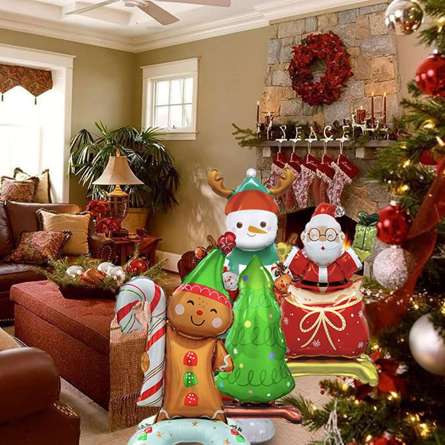 Christmas Mylar Balloons with Base featuring Santa, snowman, and tree designs in a festive living room setting.