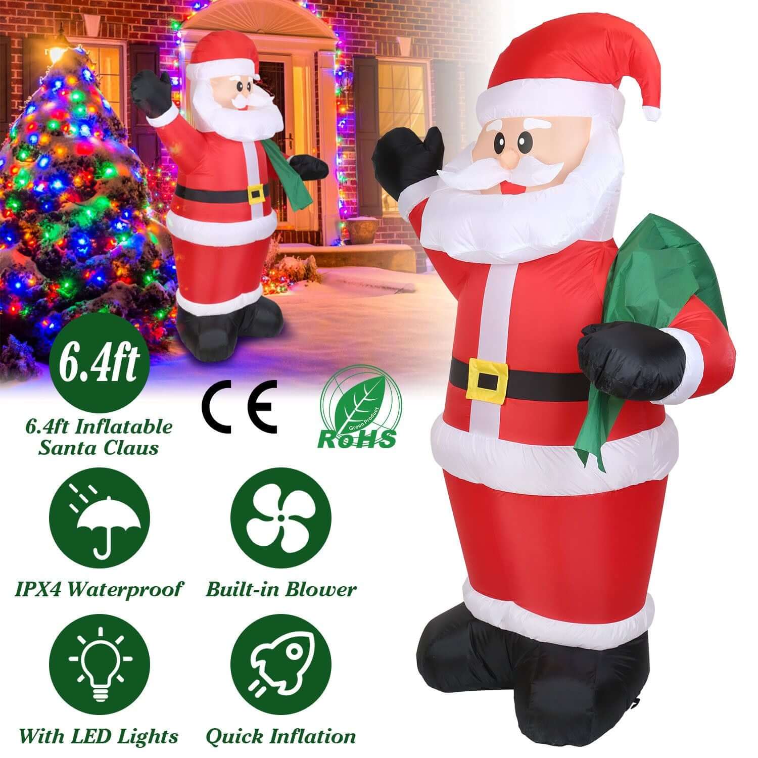 6.4ft Inflatable Christmas Giant Santa Claus with green gift bag, built-in blower, LED lights, waterproof design, holiday decoration