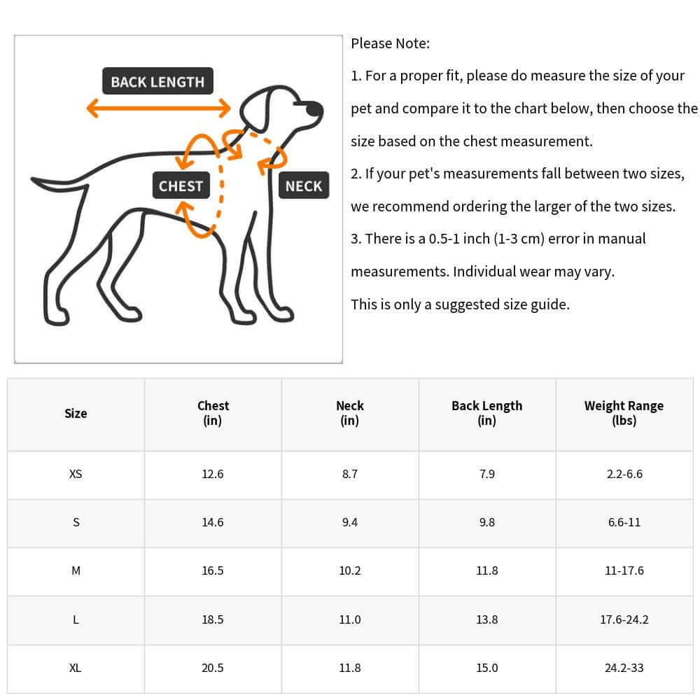 Size guide chart for selecting the perfect Christmas Pet Dress for Small Medium Dog showing measurements for chest, neck, and back length.