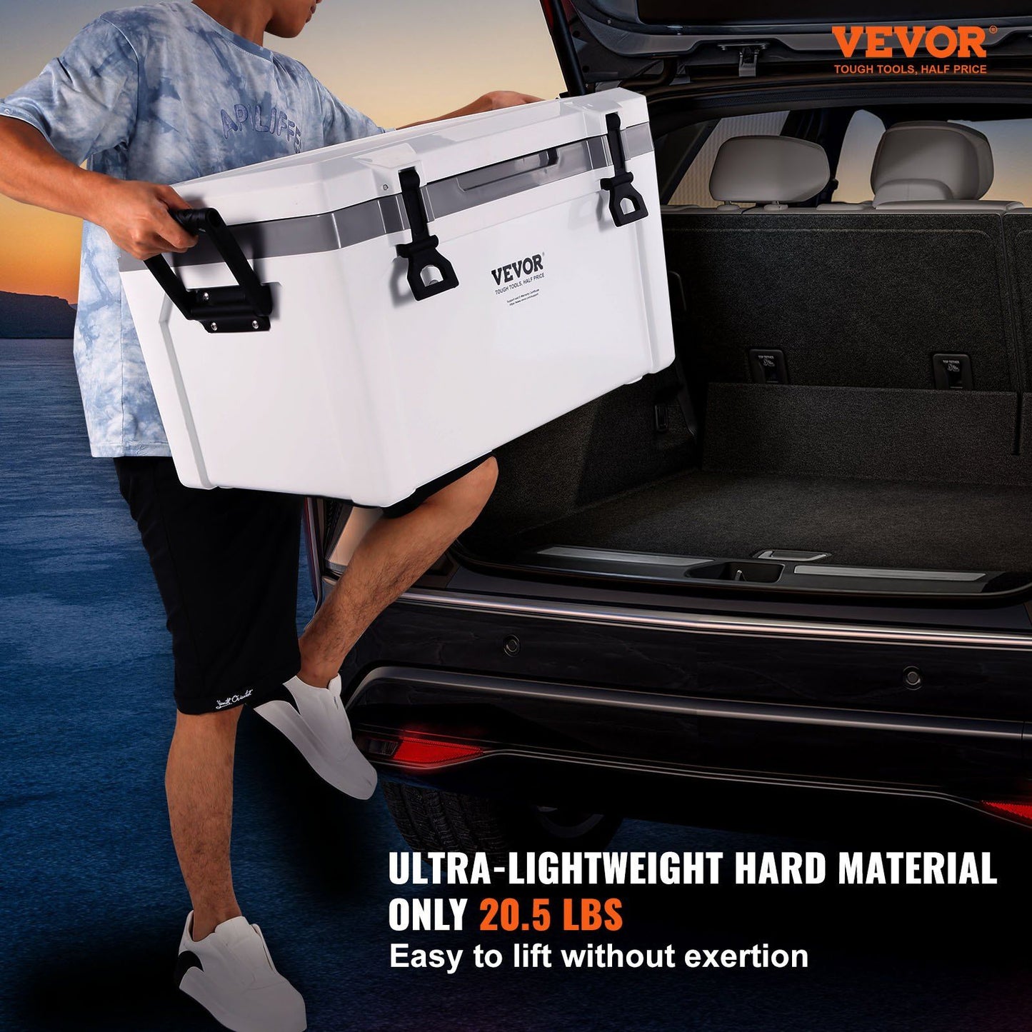 VEVOR Insulated Portable Cooler, 52 qt, ultra-lightweight, easy to lift, 20.5 lbs, ideal for camping, beach, picnic, travel, outdoor use.