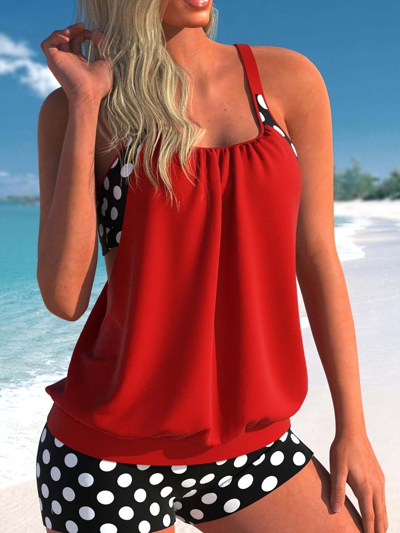Plus Size Colorblock Dot Print Swimsuit Set for Women by The Tabby Spot, featuring a red cami top and polka dot shorts.