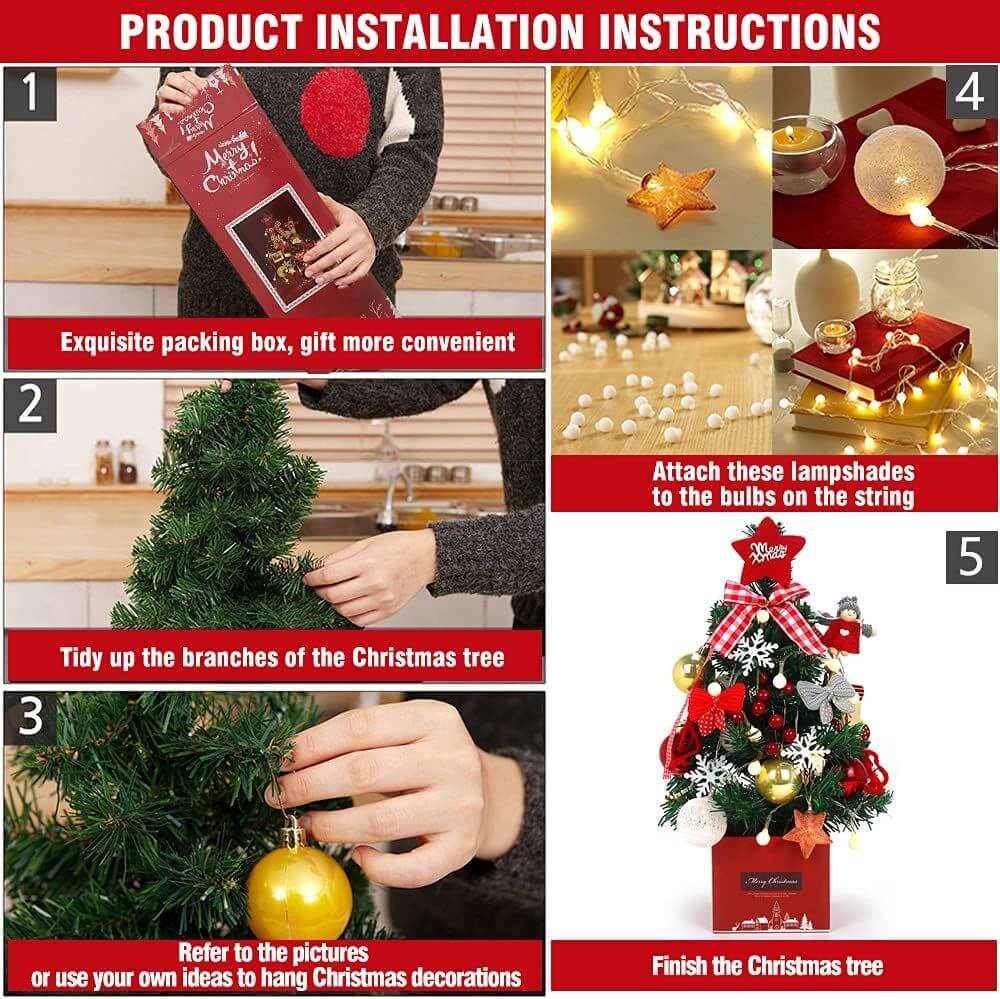 Step-by-step guide on installing a Desktop Christmas Tree with lights and decorations, perfect for enhancing desk or table holiday decor.