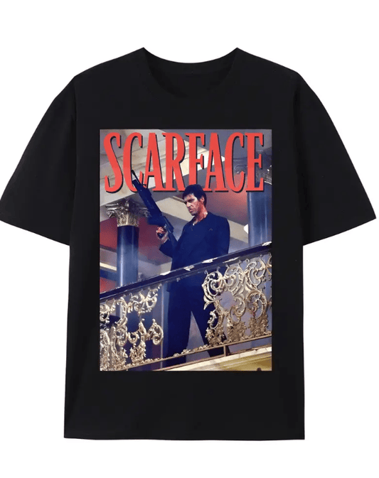 Fashionable Scarface printed T-shirt for men, comfortable short sleeve round neck, retro style for leisure outings.