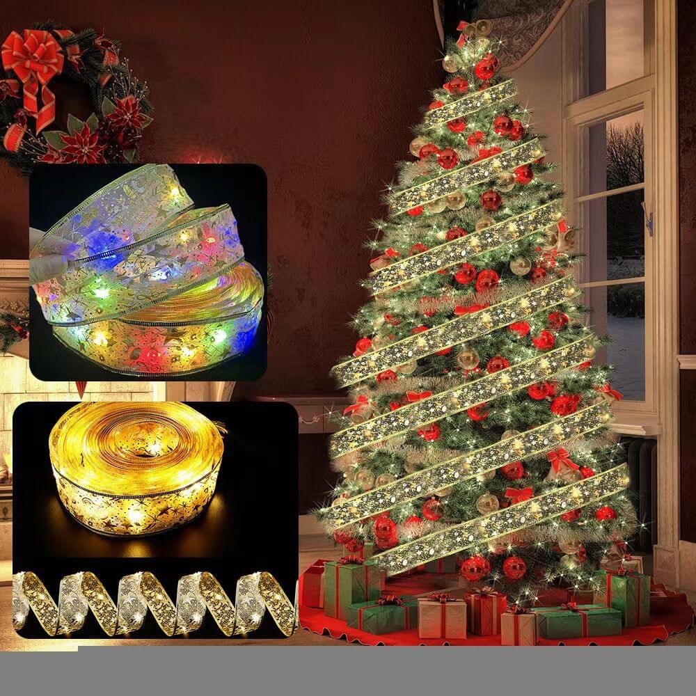 Christmas tree decorated with smart Bluetooth Christmas Glowing Ribbon Led Light String in gold, showing vibrant luminous effects.