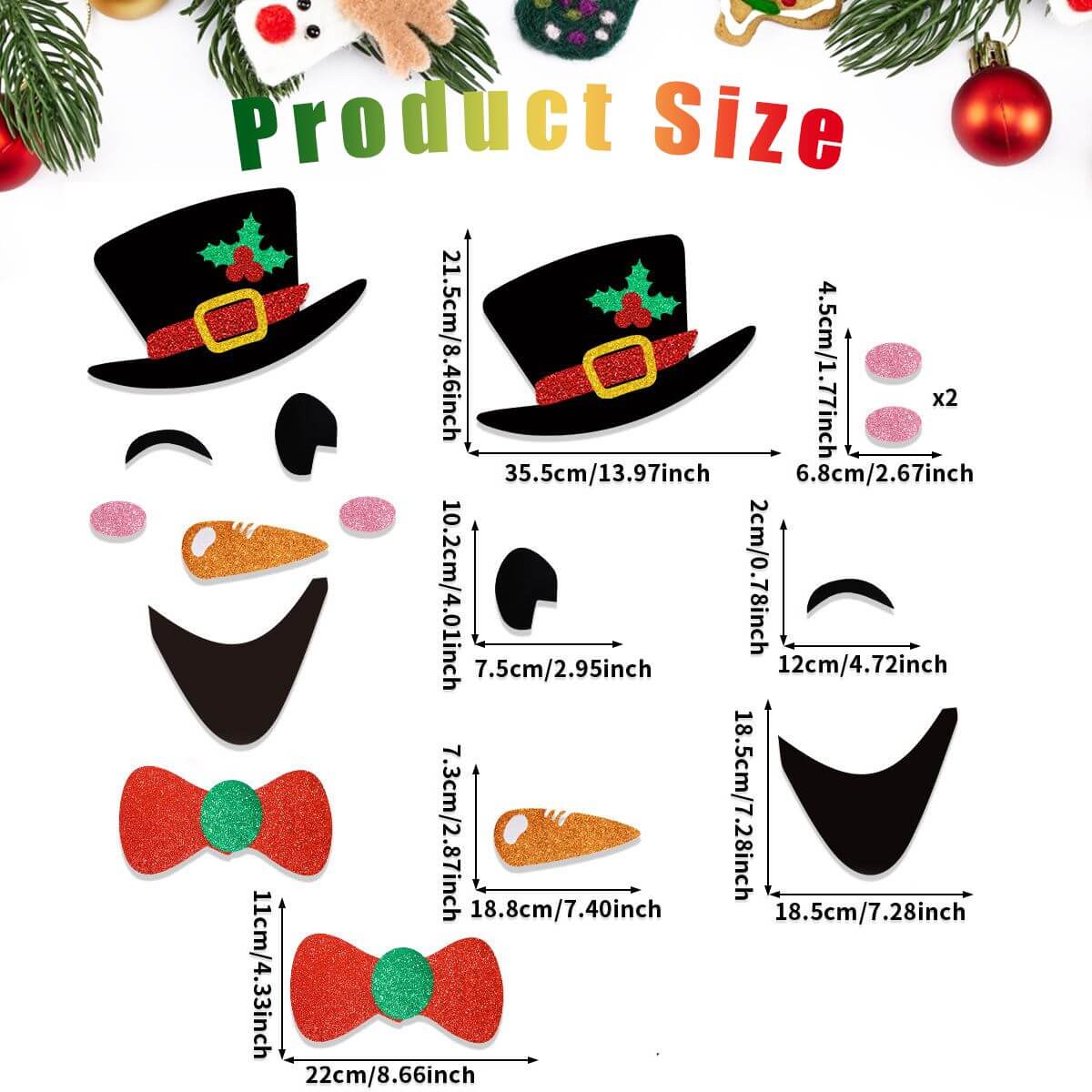 Dimensions and details of Christmas Door Stickers featuring Santa Claus and snowman felt wall decals with colorful festive designs.