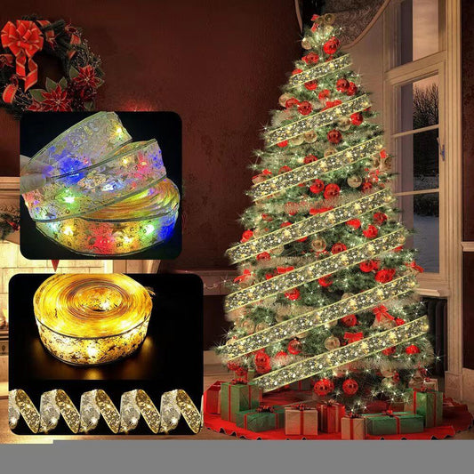 Christmas tree with Christmas Glowing Ribbon Led Light String in gold, Bluetooth-controlled for a magical decorative light show.
