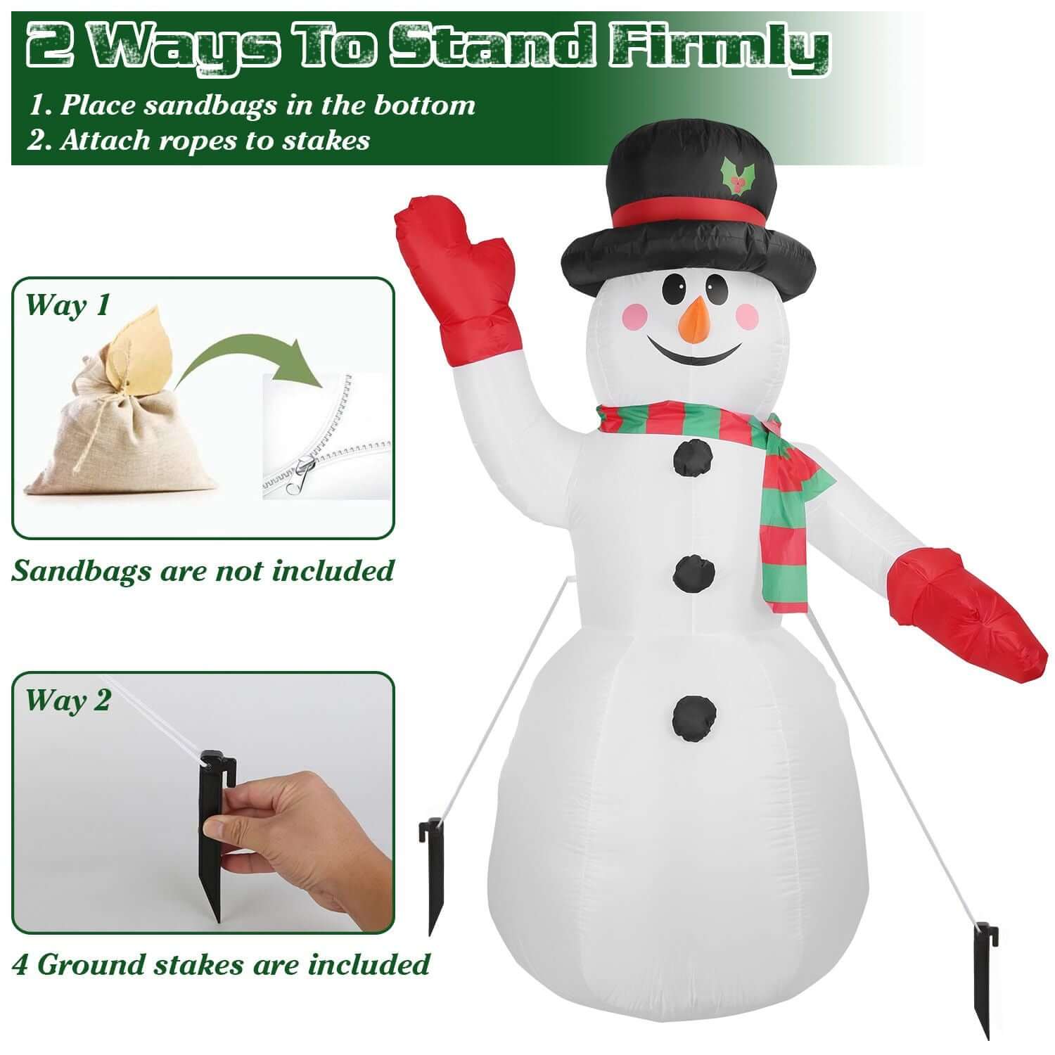Christmas Inflatable Giant Snowman 7.9FT with anchoring options for stability, includes ground stakes, not sandbags.
