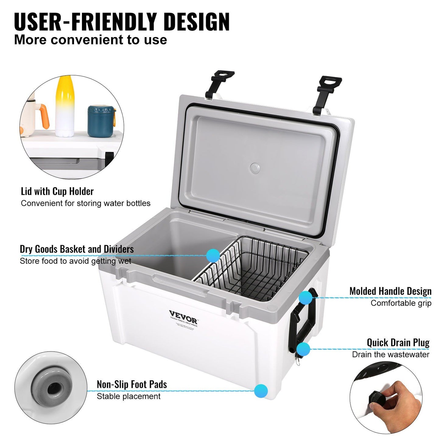 VEVOR Insulated Portable Cooler, 52 qt with user-friendly design; features cup holder lid, dry goods basket, and quick drain plug.
