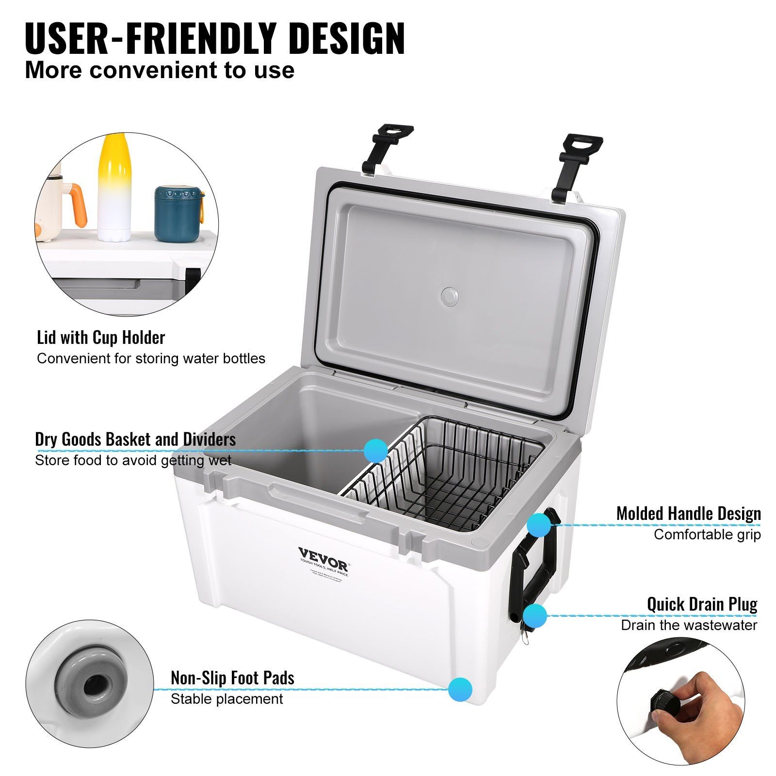 VEVOR Insulated Portable Cooler, 52 qt with user-friendly design; features cup holder lid, dry goods basket, and quick drain plug.