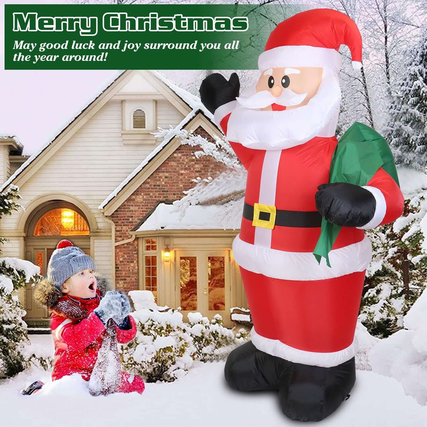 6.4ft Inflatable Christmas Giant Santa Claus with green gift bag in front of snowy house