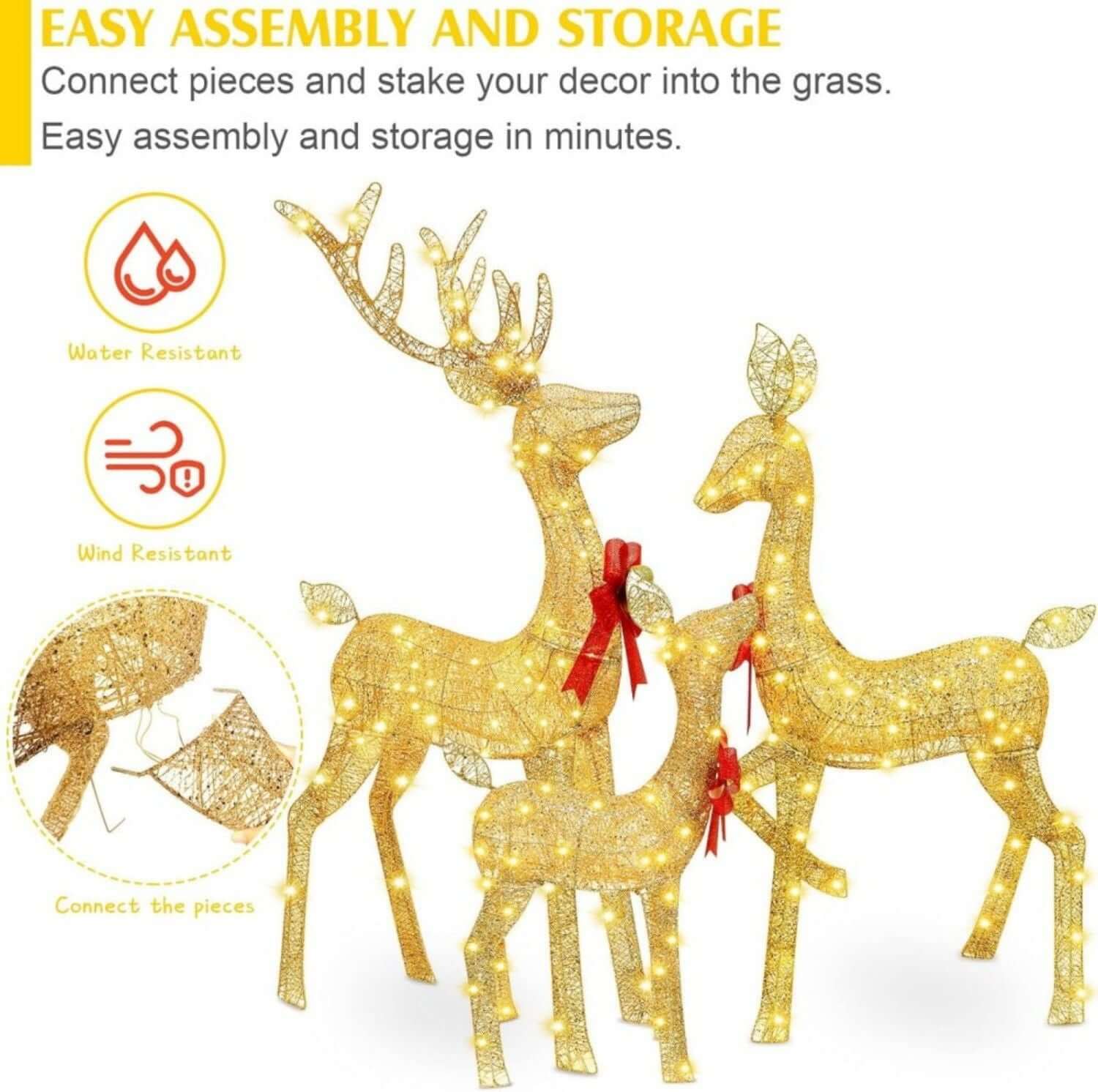 Lighted Christmas Deer Family Set Outdoor, 5ft 3-piece reindeer with easy assembly and storage, glowing in a yard display.