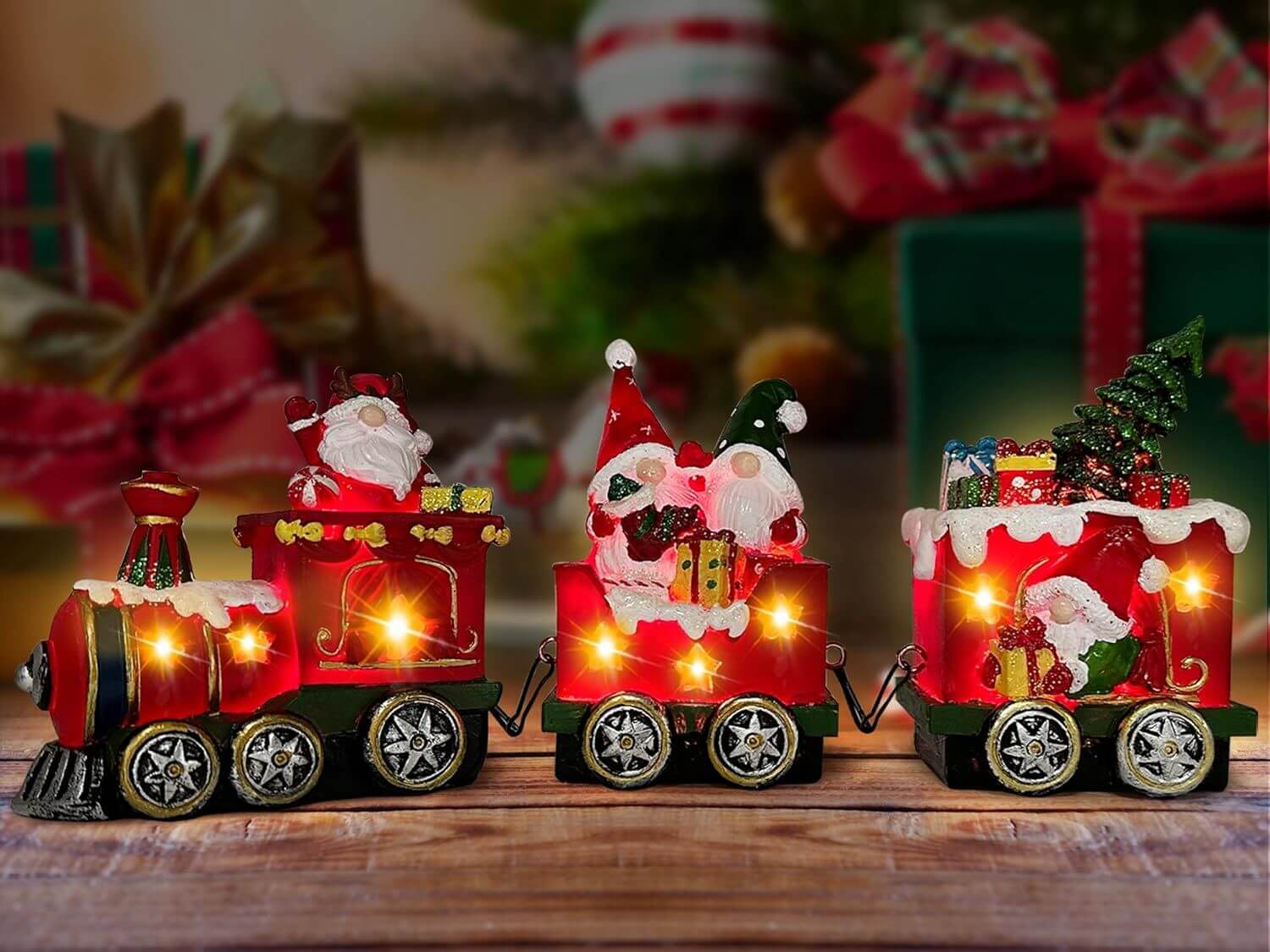 Christmas Gnome Decorations Centerpieces - Light Up Train Set with glowing gnome figurines, festive holiday table decor.