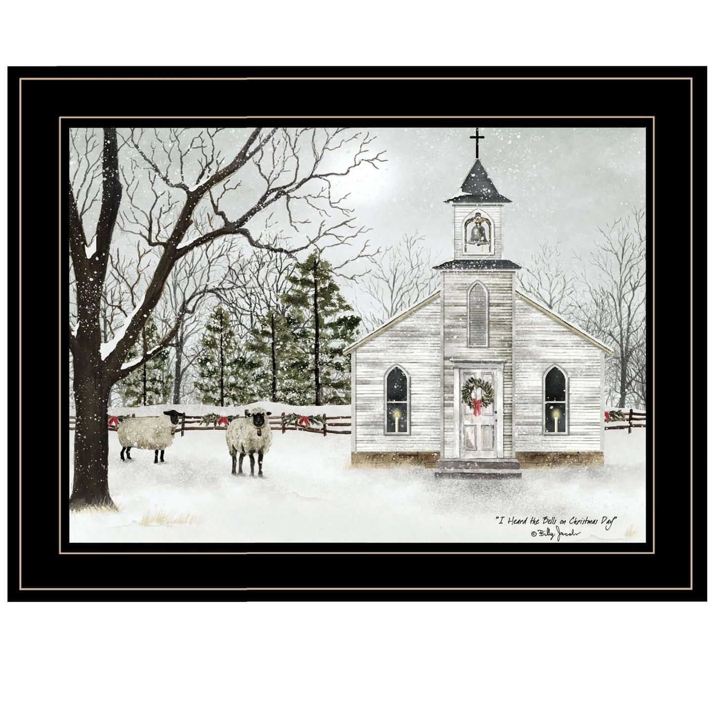 Trendy Decor 4U I Heard the Bells Christmas Wall Art by Billy Jacobs featuring a winter church scene with sheep and snowy trees.