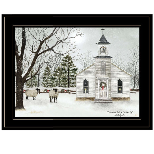 Trendy Decor 4U I Heard the Bells Christmas Wall Art by Billy Jacobs featuring a winter church scene with sheep and snowy trees.