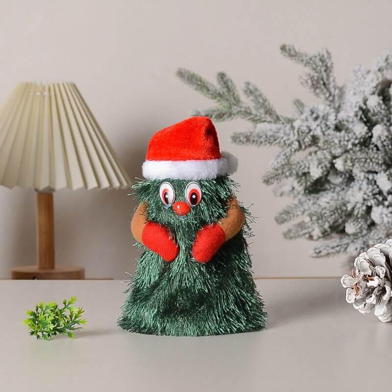 Electric Christmas Tree plush toy with Santa hat, sings and dances, perfect gift for kids during the holidays.
