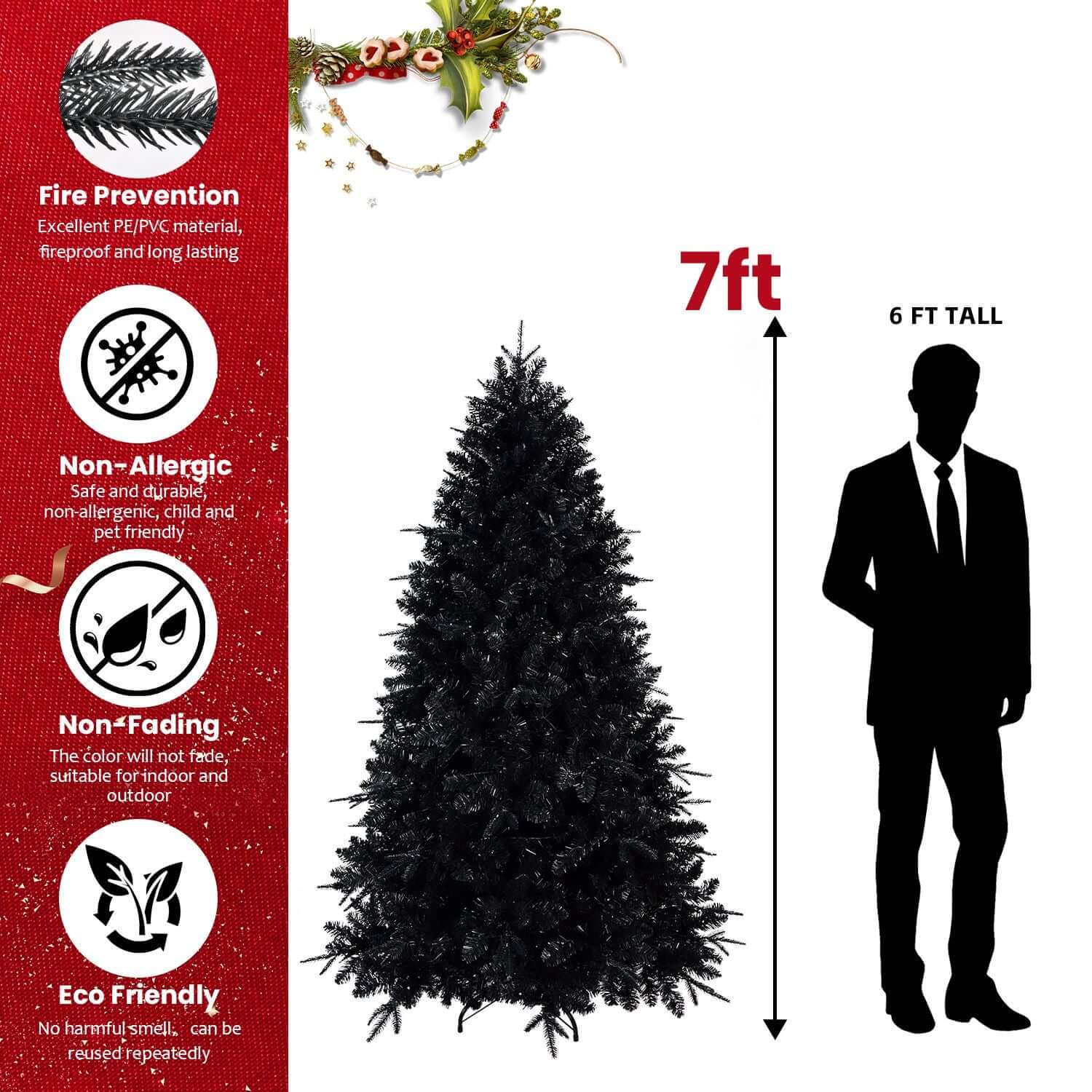 Black Christmas Tree with White LED Lights - 5ft compares to 6ft person, features fire prevention, non-allergic, non-fading, eco-friendly