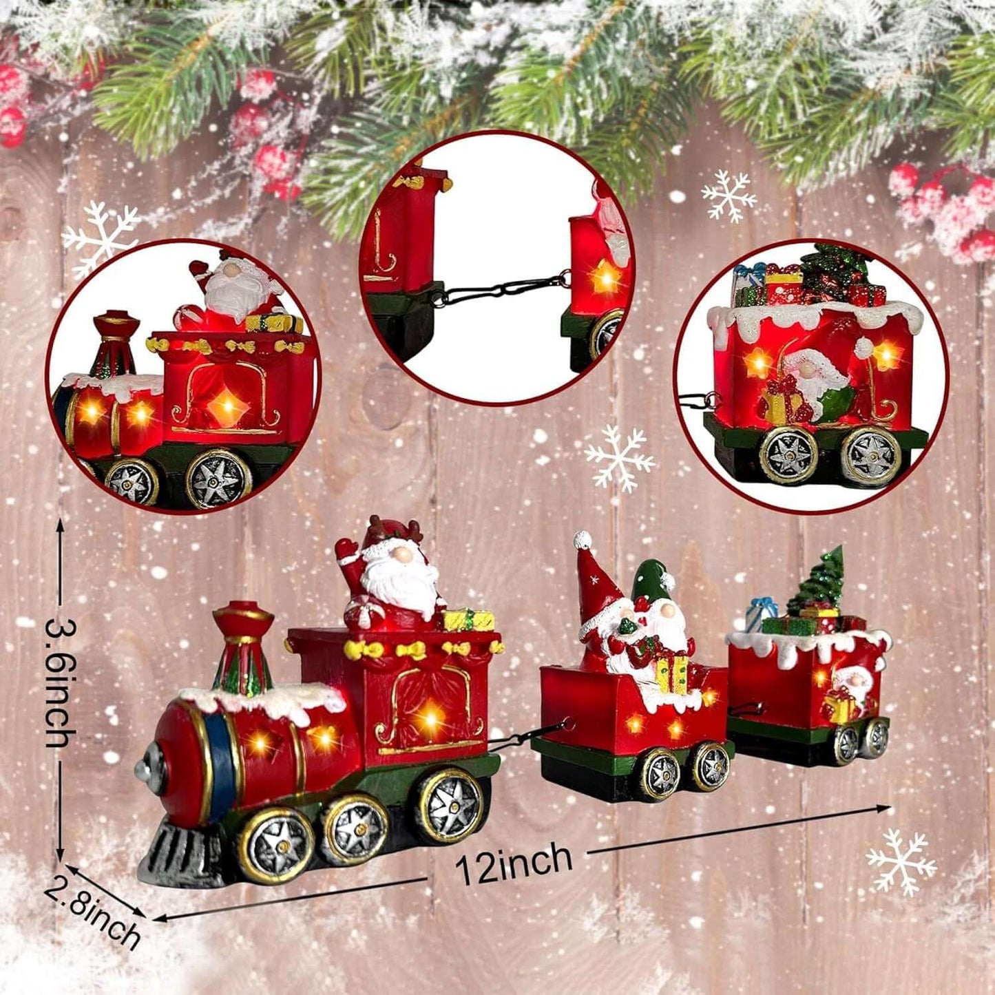 Christmas Gnome Decorations Centerpieces light-up train set with gnome figurines, perfect for festive table décor.