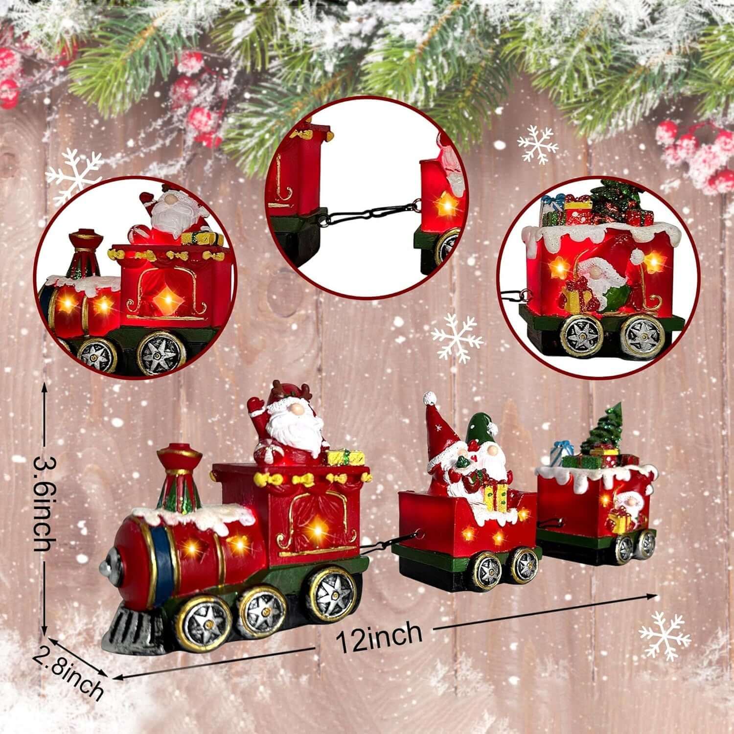 Christmas Gnome Decorations Centerpieces light-up train set with gnome figurines, perfect for festive table décor.