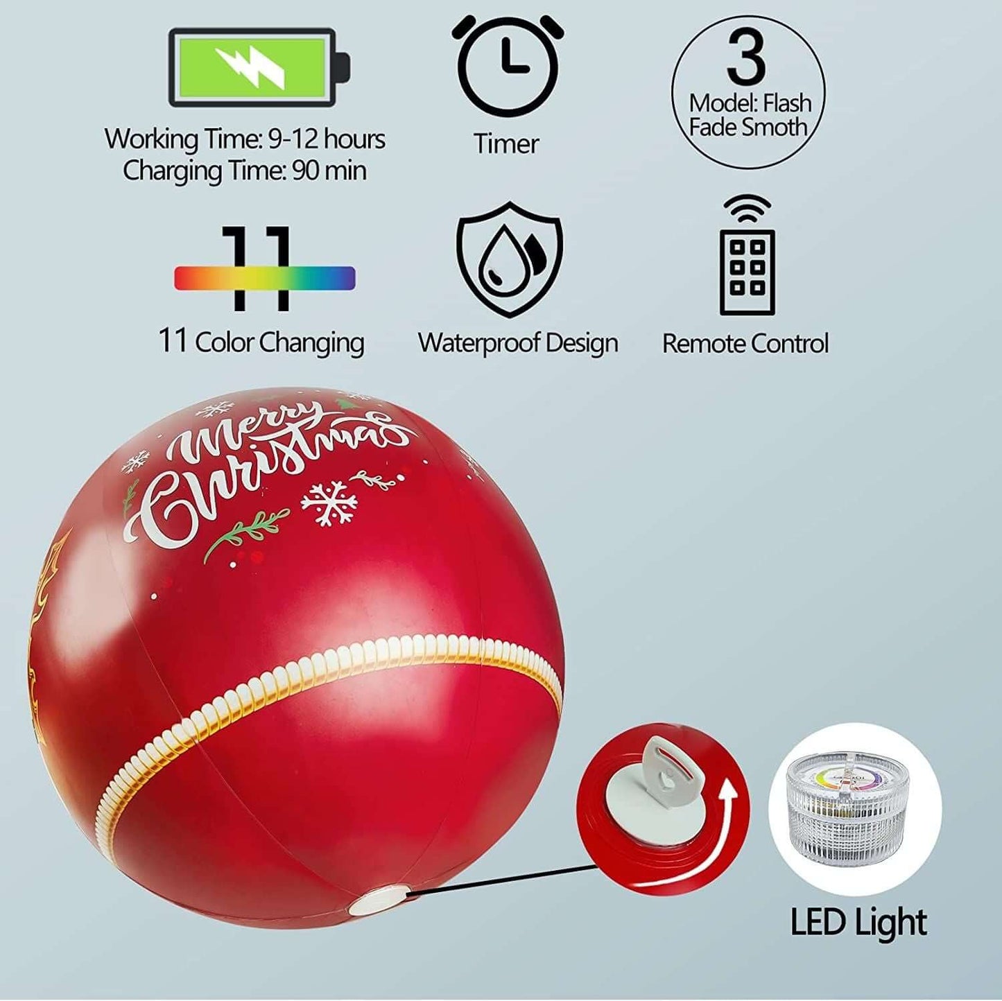 Inflatable Christmas Ball with remote, 16 RGB colors, 24-inch red decoration with LED lights for outdoor holiday display