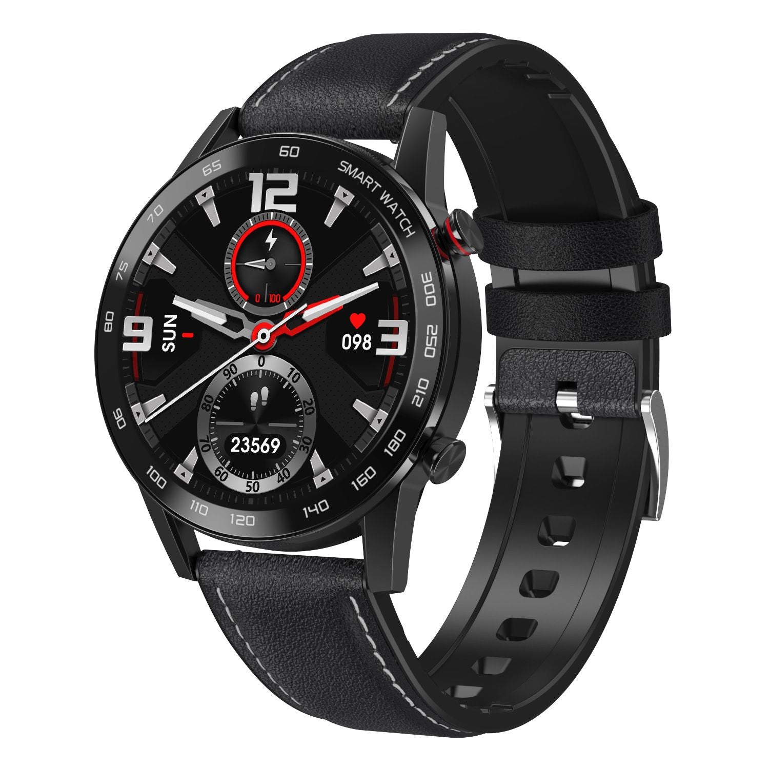 DT95 Multi-dial 3D Bluetooth Smart Watch in black leather with HD screen, featuring Bluetooth calling, health monitoring, and step counting.