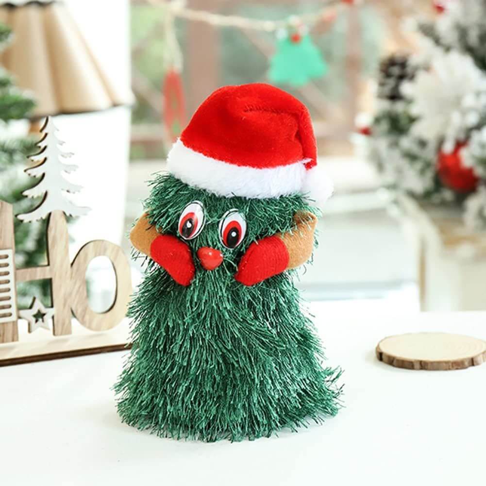 Electric Christmas Tree plush toy with Santa hat, singing and dancing decoration for kids.