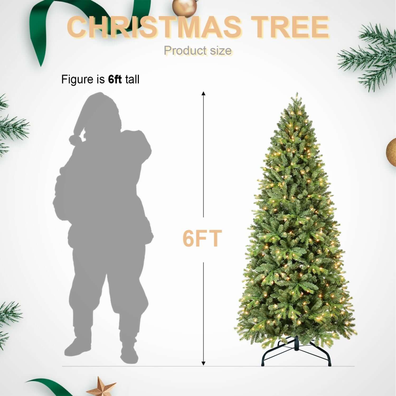 Six-foot Christmas Tree with LED Lights next to silhouette indicating height comparison with person.