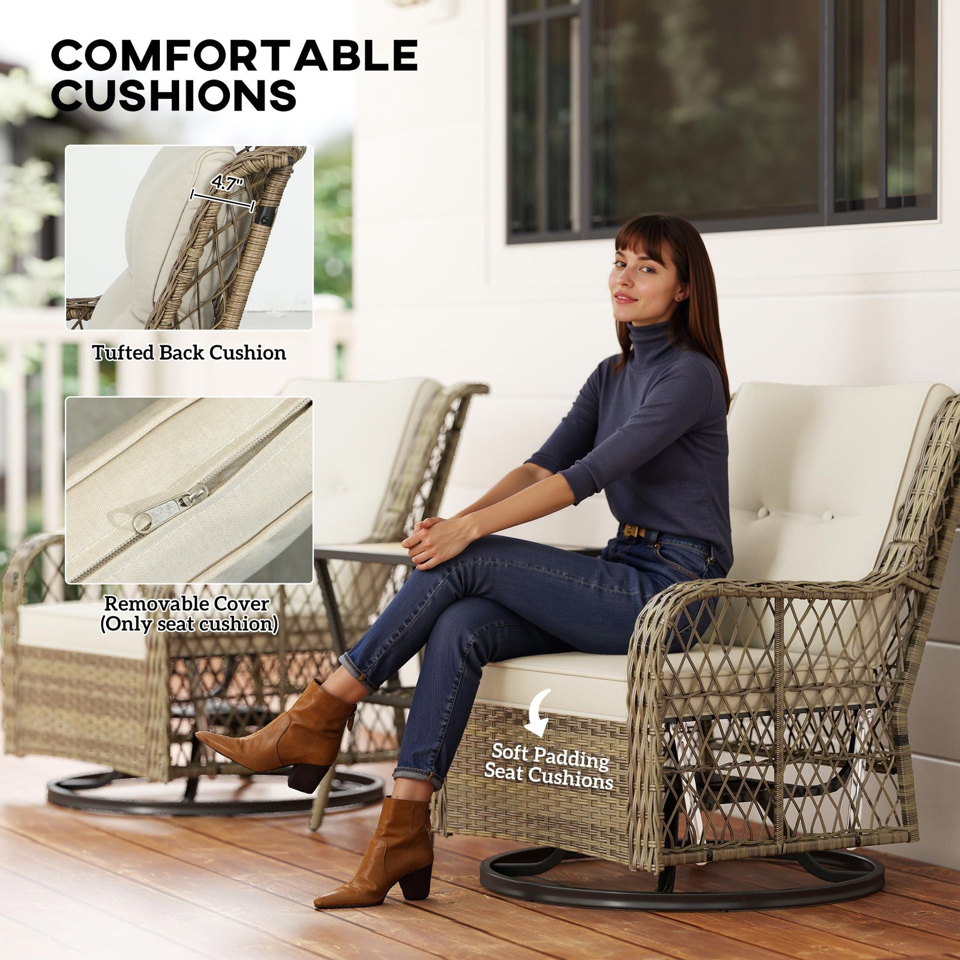 Woman sitting on Outsunny patio swivel glider chair with tufted back cushion and removable seat cover, highlighting comfort features.