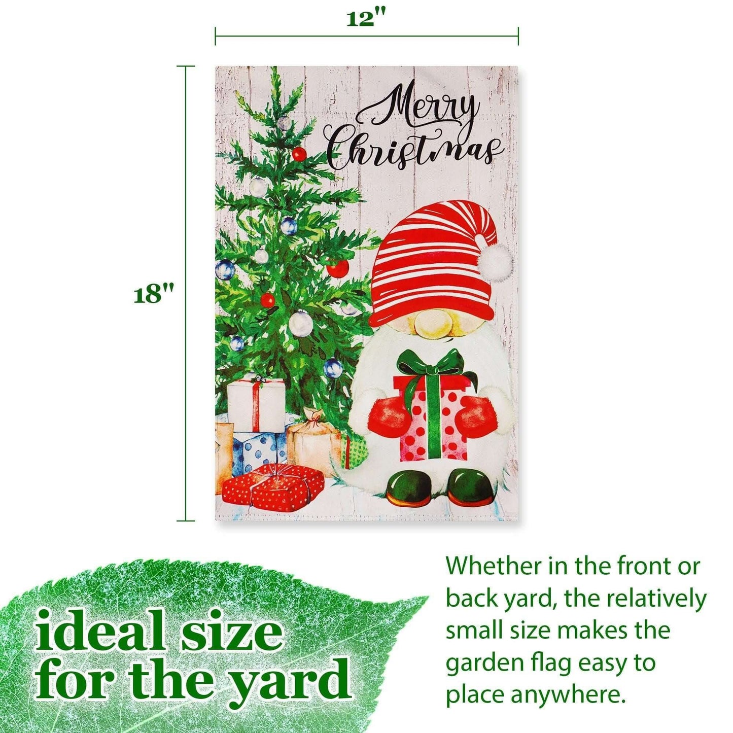 Christmas Garden Flag featuring Santa Gnome with presents, double-sided, 12x18 inches, adds holiday cheer to outdoor spaces.