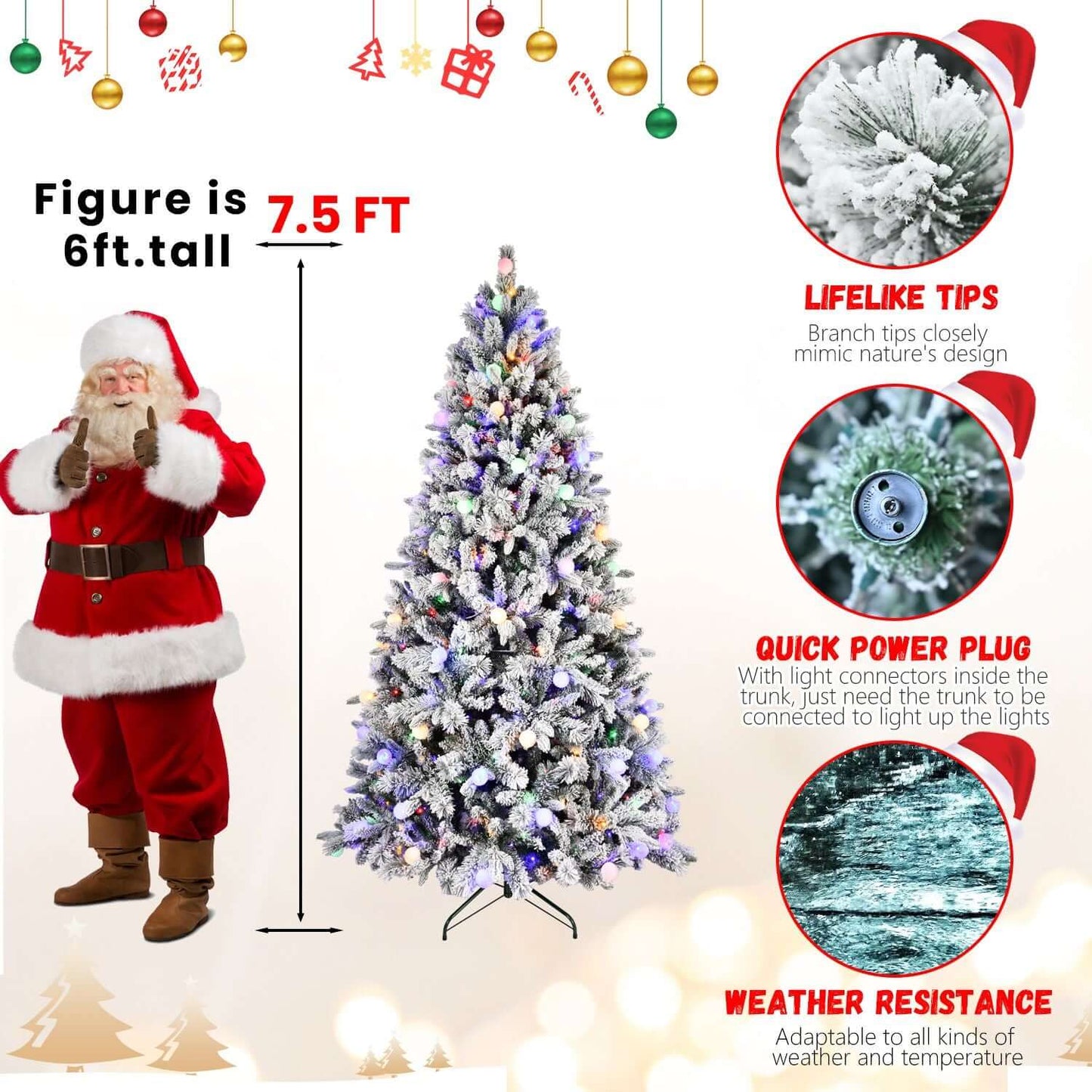 Flocked Christmas Tree with Colorful Lights, 8ft, showcasing tips, weather resistance, and Santa figure beside tree for height comparison.