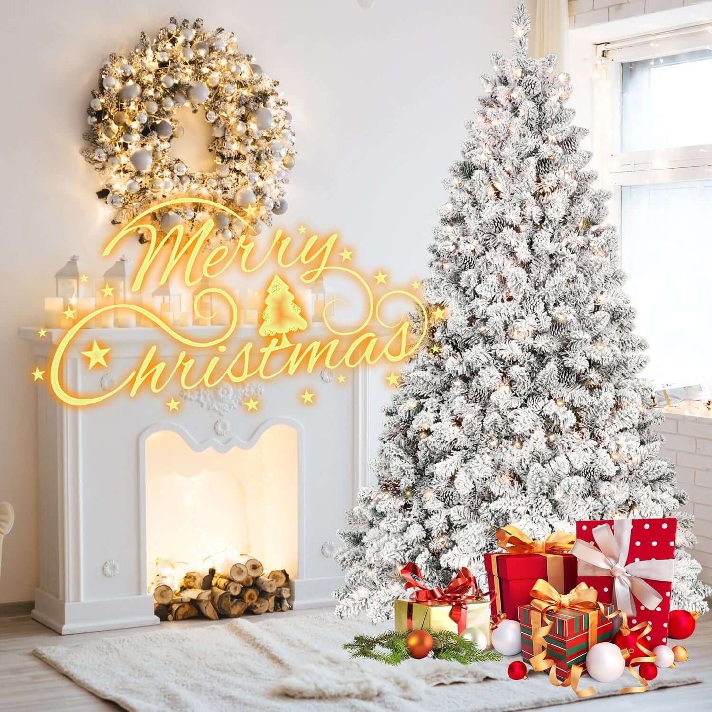 Flocked Christmas Tree with Lights - 7ft pre-lit tree with pine cones and festive decorations in cozy holiday room.