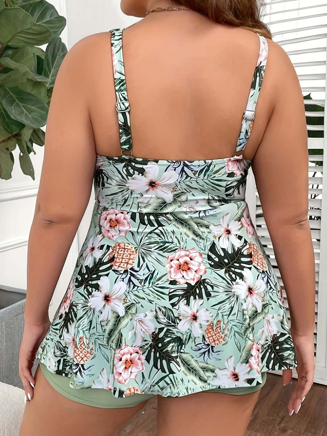 Elegant large size green Tankini swimsuit for women by The Tabby Spot, featuring floral print and quick-dry fabric.