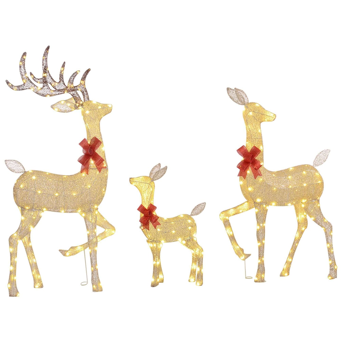 Christmas Deer Decorations featuring a 4.5ft light-up reindeer family set with buck, doe, and fawn adorned with red bows.