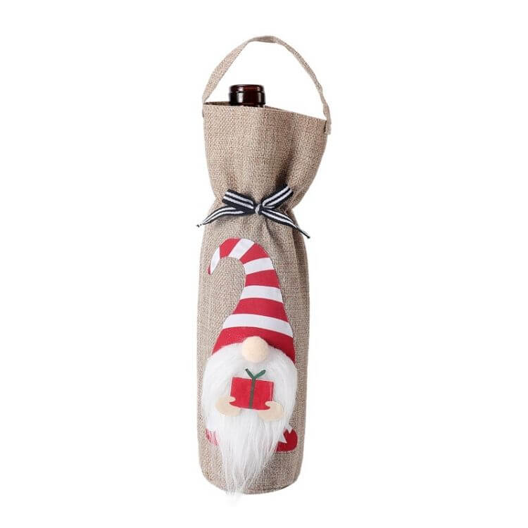 Christmas Decoration Supplies Champagne Red Wine Bag with cartoon gnome design and festive ribbon.