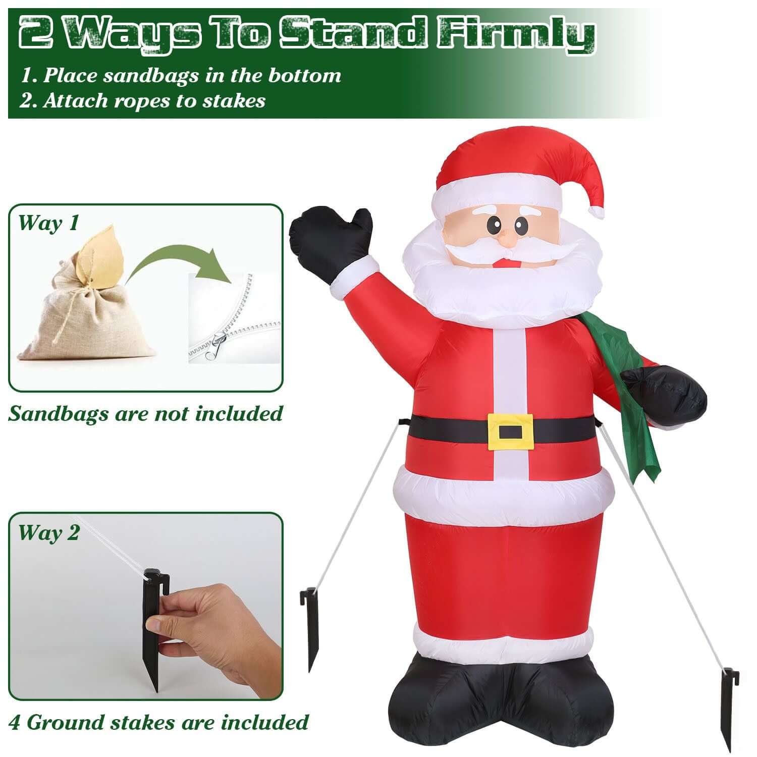 6.4ft Inflatable Christmas Giant Santa Claus with green gift bag, showing two ways to secure with sandbags and stakes, instructions included.