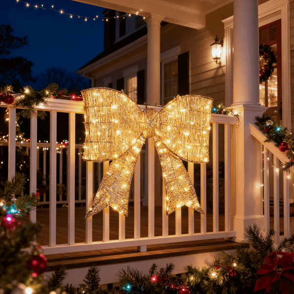 Pre lit Outdoor Giant Bowknot Christmas Decoration with 124 LED lights on a porch at night, creating a festive holiday atmosphere.