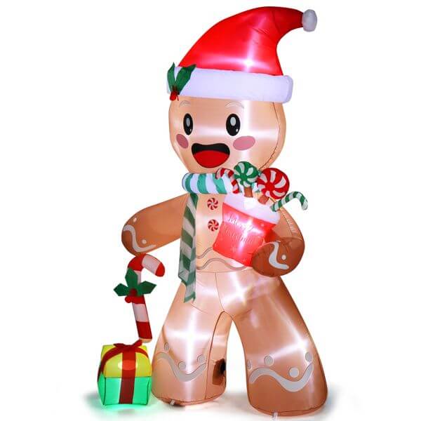Christmas Inflatable Decoration 7.9ft gingerbread man with LED lights wearing Santa hat, holding candy cane and gift box.