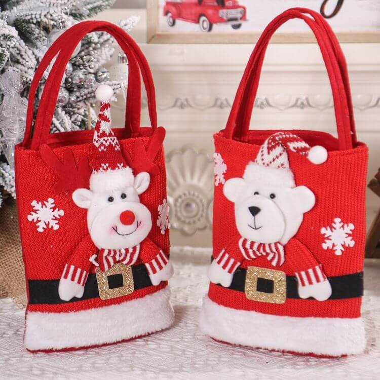 Christmas Candy Tote Bag for Kids with Santa and bear design, perfect for holiday gifts and treats, red festive gift bag.