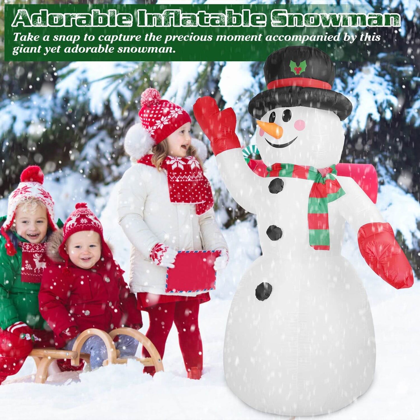 Christmas Inflatable Giant Snowman in snowy yard with children, 7.9 feet tall, featuring a black hat, red hands, and green scarf.