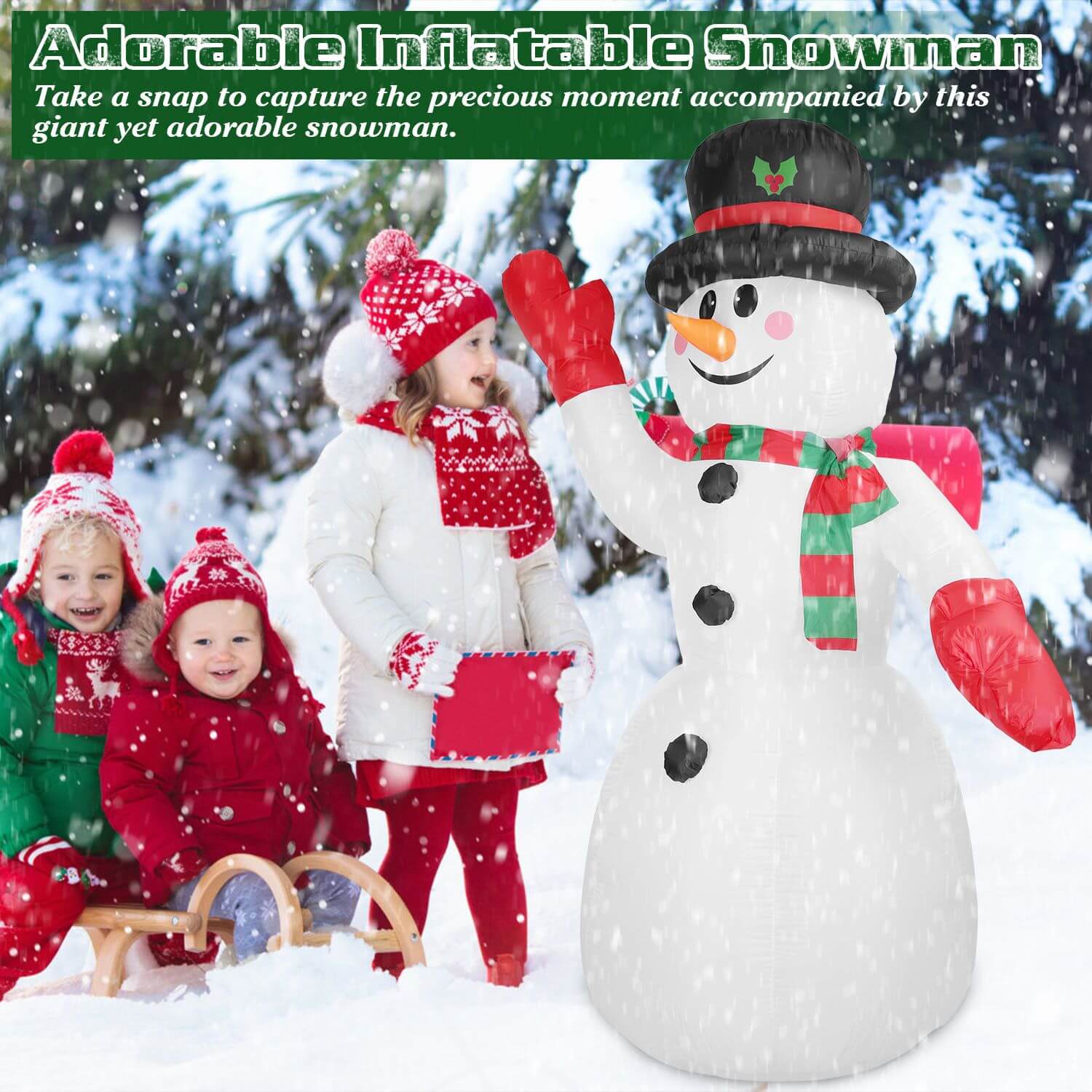 Christmas Inflatable Giant Snowman in snowy yard with children, 7.9 feet tall, featuring a black hat, red hands, and green scarf.