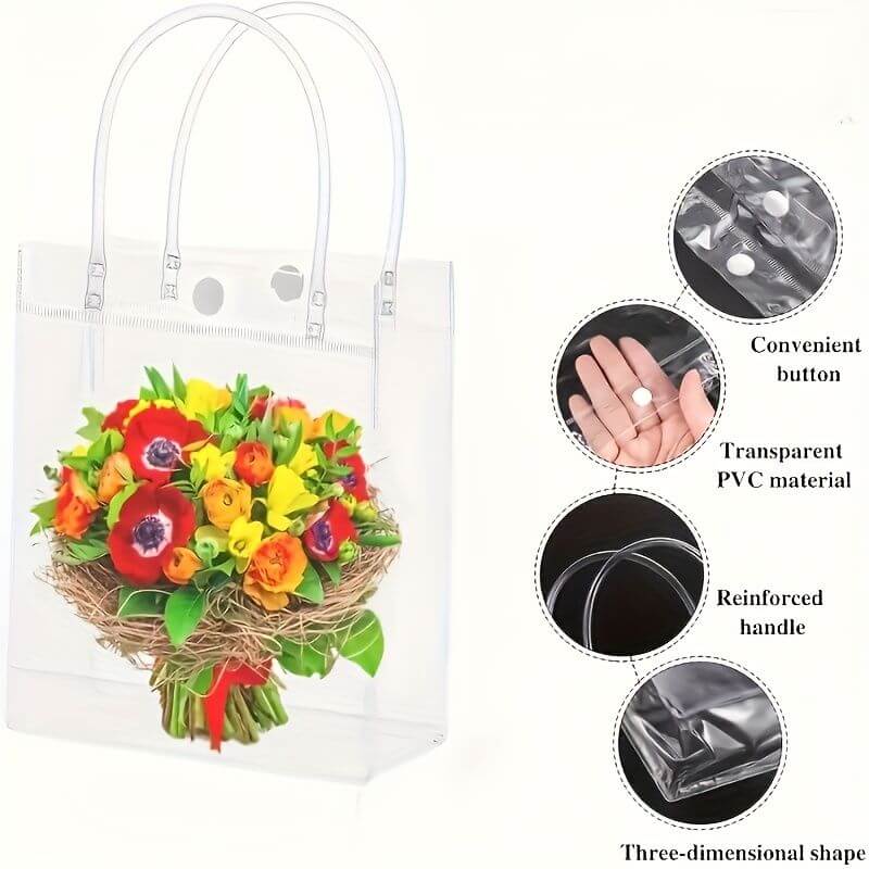 Reusable PVC Holiday Organizing Gift Bags with transparent material, reinforced handle, and colorful flowers for all celebrations