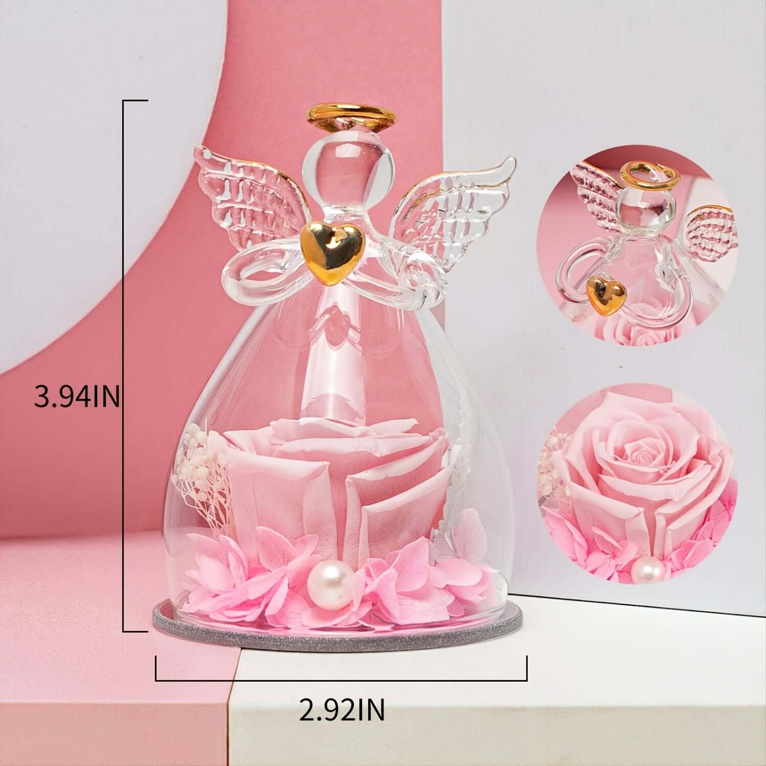 Preserved Rose In Angel Glass gift for women, featuring a real pink rose in a glass angel figure, perfect for special occasions.