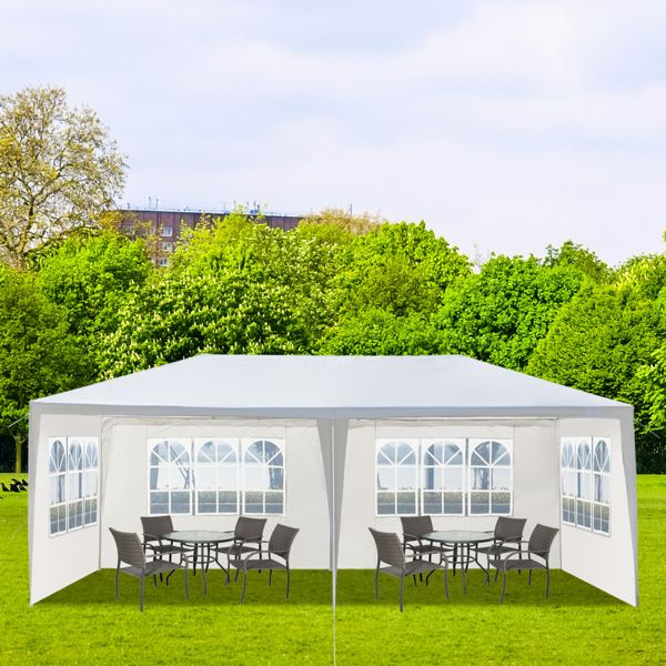 White 10'x20' outdoor party tent with 4 removable sidewalls on green lawn, features waterproof canopy for garden weddings and events.