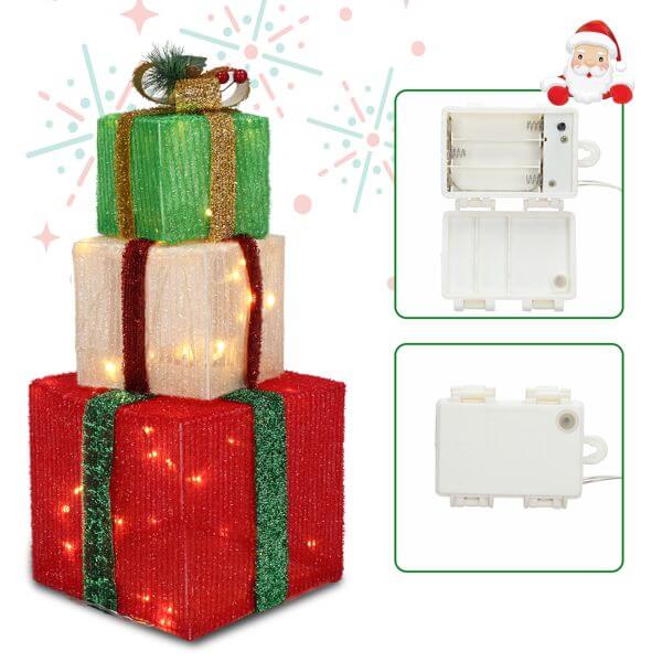LED60 Light Warm White Christmas Gift Box - 3-Piece Set Onion Cloth stacked with battery pack, glowing presents for holiday decor