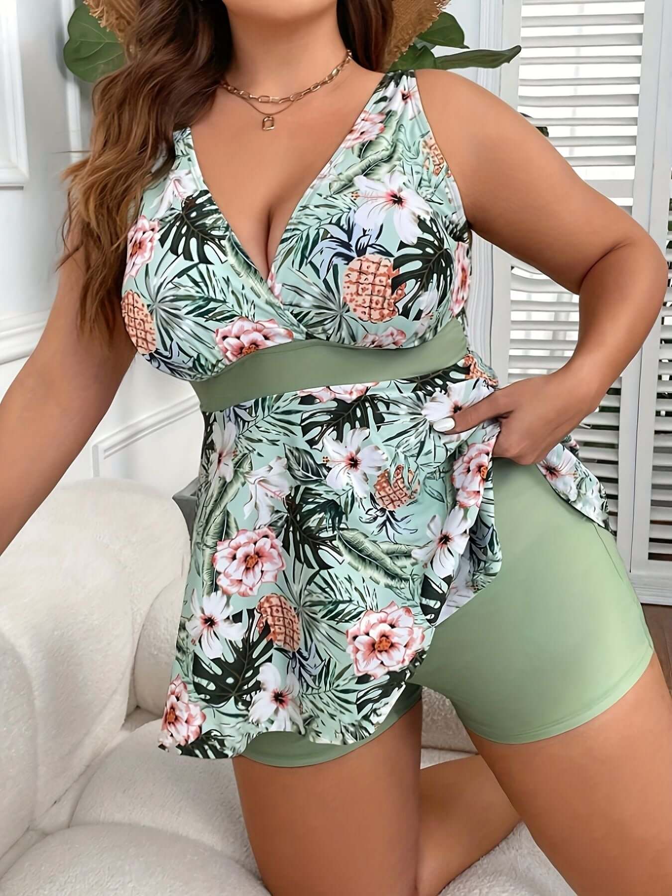 Alt Tag: Green split Tankini swimsuit for women, large size, with floral print, quick-dry fabric. Elegant and fresh, by The Tabby Spot.