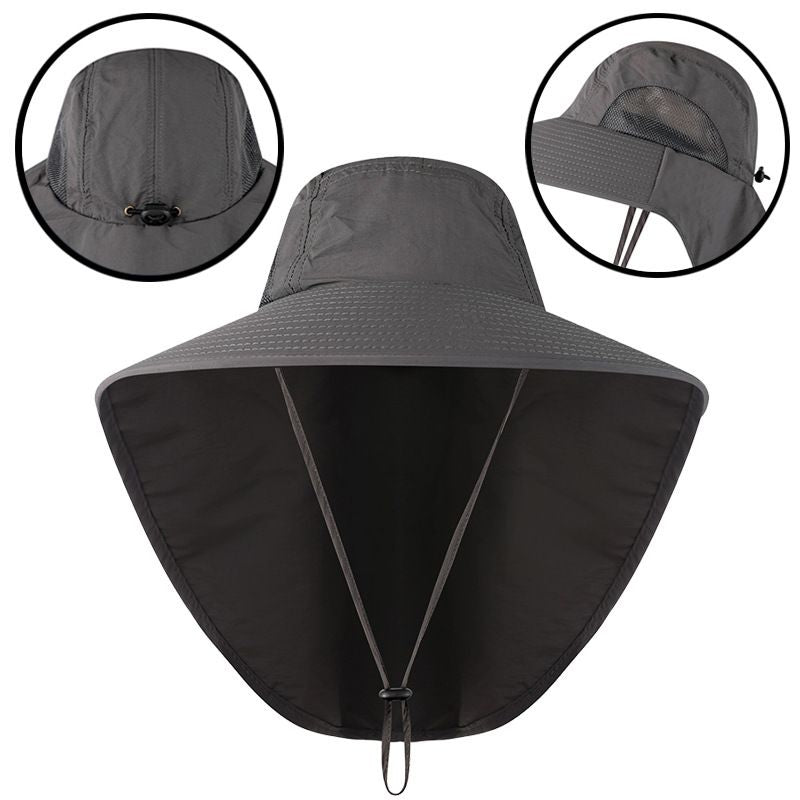 Outdoor fisherman hat with wide brim and neck flap, offering UV protection, quick-drying, breathable design for men and women.
