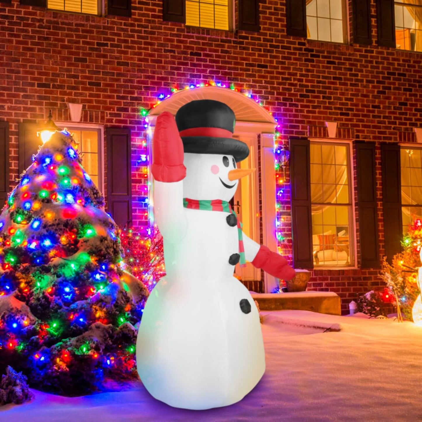 Christmas Inflatable Giant Snowman standing tall in a beautifully decorated front yard, adding festive charm and holiday cheer.