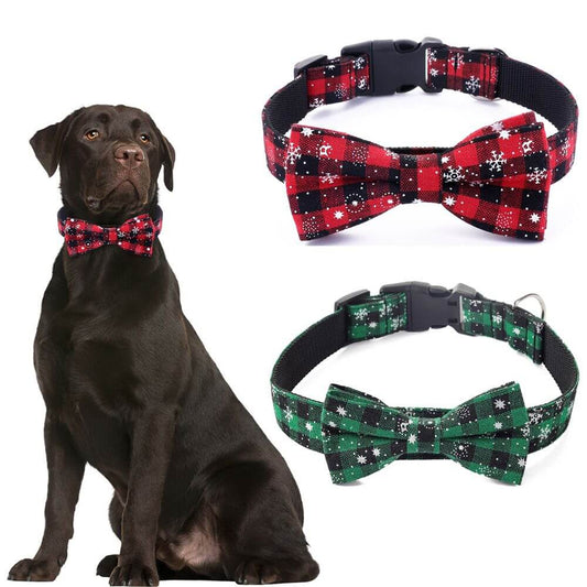 Christmas Dog Collar Snowflake Dog Collar with Bow Tie, red plaid and green plaid designs for festive dogs.