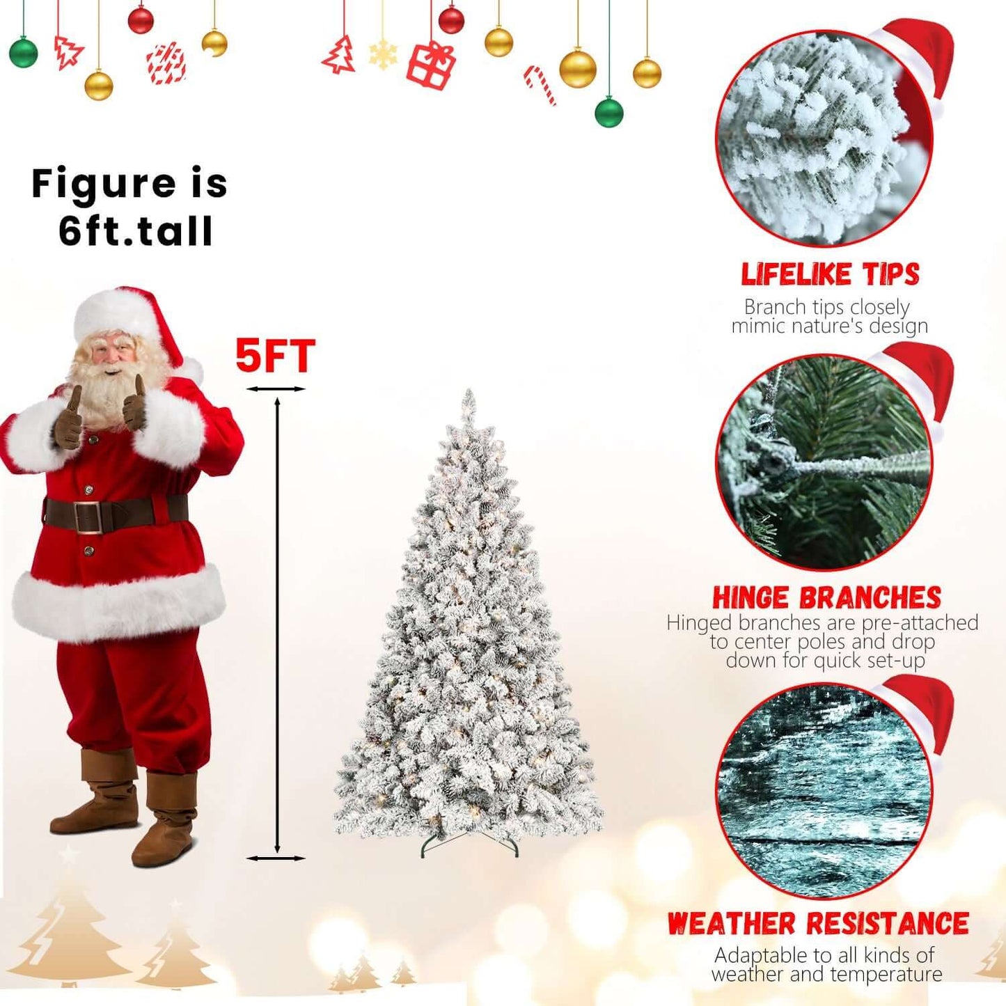 Flocked Christmas Tree with Lights, 7ft pre-lit tree with pine cones, comparing height with Santa, features lifelike tips and weather resistance.