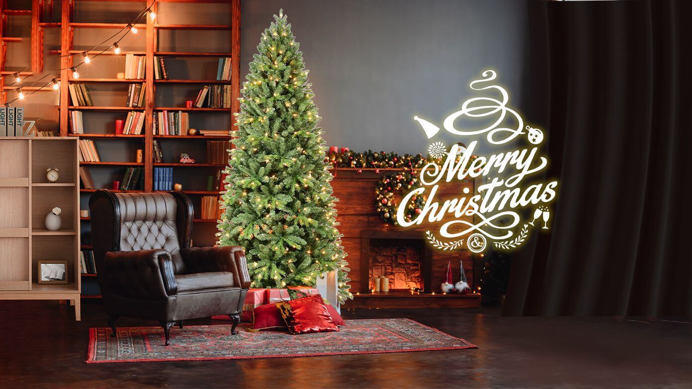 Christmas Tree with LED Lights next to a cozy fireplace and Merry Christmas sign