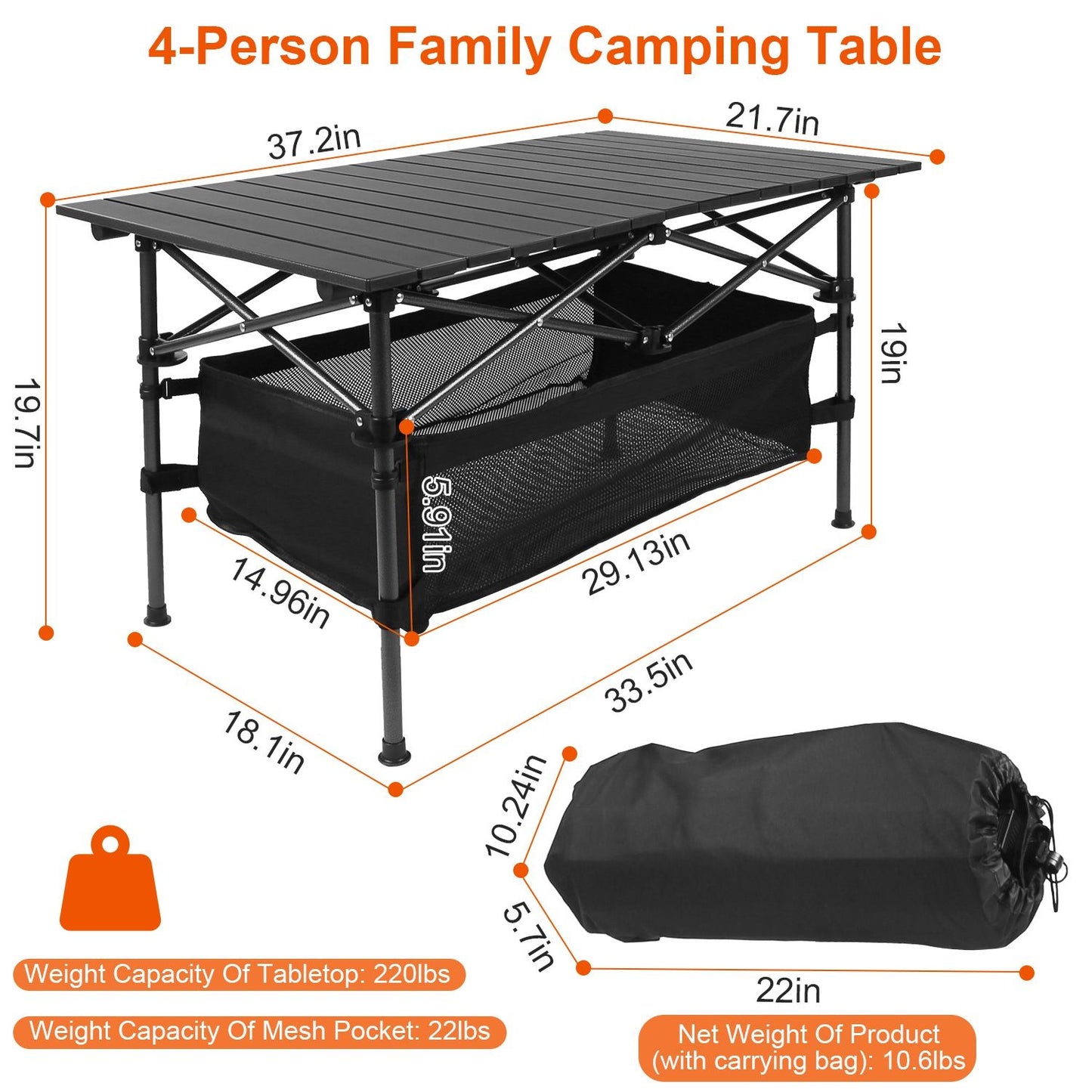 4-person folding camping table with mesh storage, aluminum frame, 220lbs capacity, includes carrying bag. Perfect for outdoor picnics.